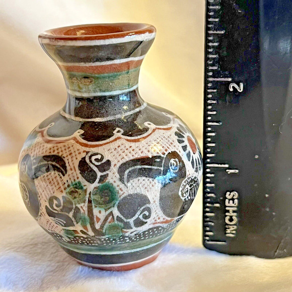Mexican Tonala Mini Vase Redware Birds Roses Trees Folk Art 2.5 in - Picture 7 of 8
